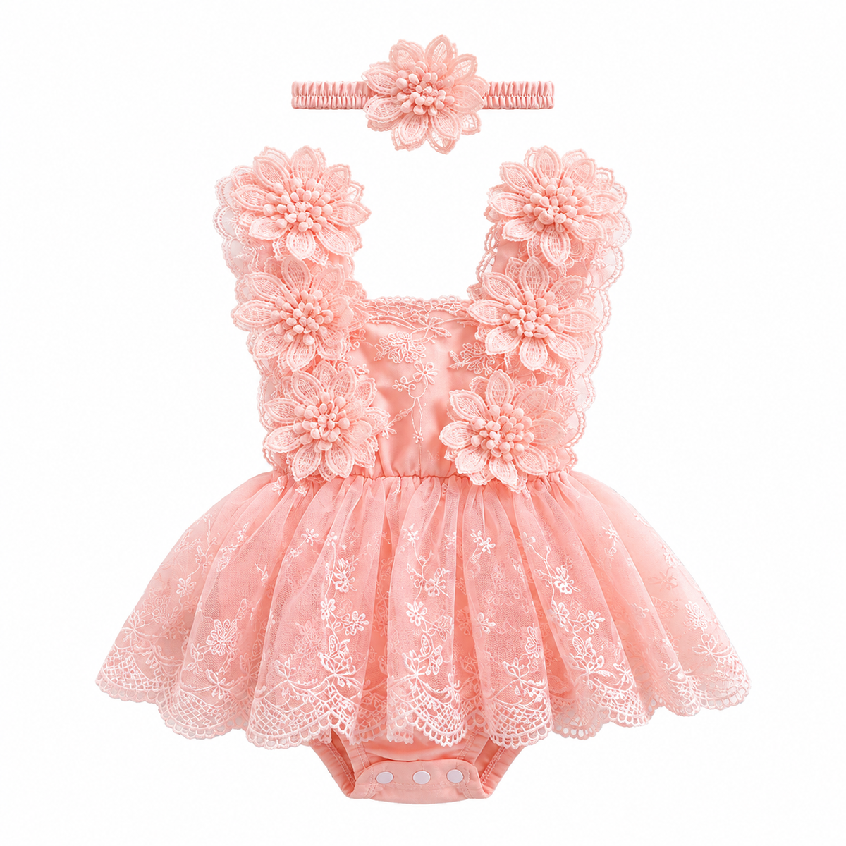 Conjunto Romper de Bebé em Renda com Faixa Floral
