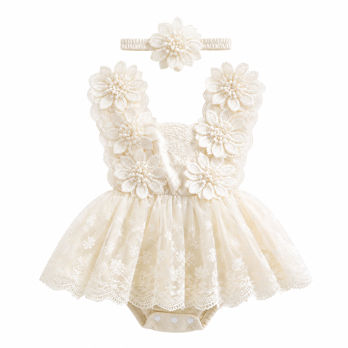 Conjunto Romper de Bebé em Renda com Faixa Floral