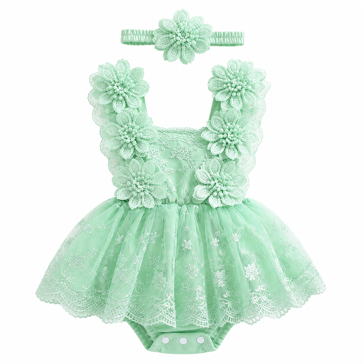 Conjunto Romper de Bebé em Renda com Faixa Floral
