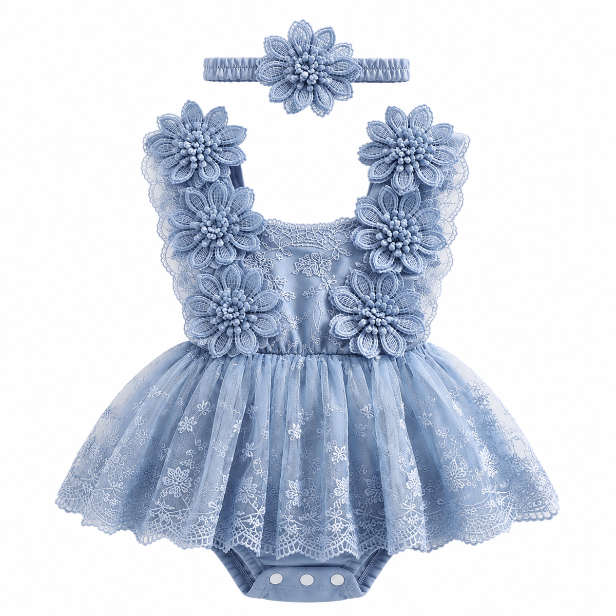 Conjunto Romper de Bebé em Renda com Faixa Floral
