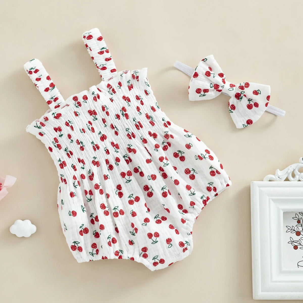 Conjunto Romper e Fita de Cabelo Gaze de Algodão Cherry Summer – Aylla & Co.